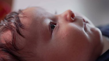 Bir bebeğin yakın plan çekimleri, merakla ve sakinlikle yukarı bakıyor. Bebek, güvenli ve rahat bir ortamda dinlenirken yumuşak bir ifadeye sahiptir.