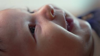 Bir bebek profili yakın çekim uzanmış, yukarıyı yumuşak bir ifadeyle seyrederken. Bebek evde huzur içinde dinleniyor, sakin ve meraklı bir bakışla çevreyi gözlemliyor.