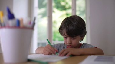 Çocuk çizimine konsantre oluyor, detaylara odaklanırken elinde yeşil bir kalem tutuyor, masadaki sanat projesi üzerinde dikkatle çalışıyor.