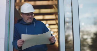 İnşaat işçisi inşaat planlarını tutuyor, şapka ve gözlük takıyor, planları incelemeye odaklanıyor, kapı eşiğinde duruyor, inşaat projesini denetliyor.