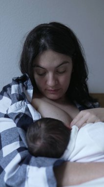 Anne yeni doğmuş bebeği emziriyor, hassas ve samimi bir beslenme ve bağ kurma anını yakalıyor. Annesinin bakışları çocuğuna olan sevgisini ve bağlılığını gösteriyor.