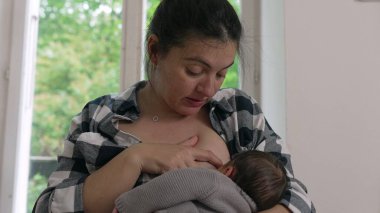 Anne yeni doğmuş bebeğini parlak, rahat bir odada emzirerek bir analık sevgi ve ilgi anı yakalıyor. Bebek beslenme sırasında annesinin kollarında huzur içinde yatar.