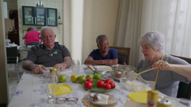 Bir grup yaşlı arkadaş samimi, sıradan bir ev ortamında öğle yemeği için toplandı. Oturma odasında çeşitli yaşlılar konuşuyor..