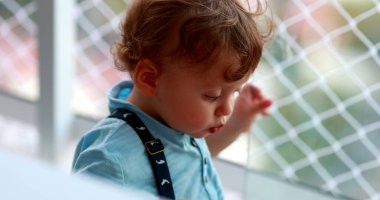 Bebek bebek pencereye yaslanmış, güvenlik çitleriyle dışarı bakıyor.