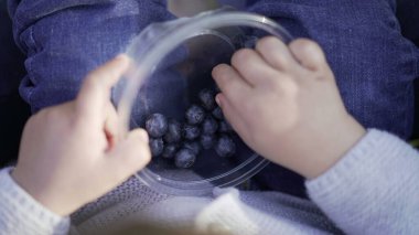 Yakın plan çocuk eli yaban mersini yiyor.