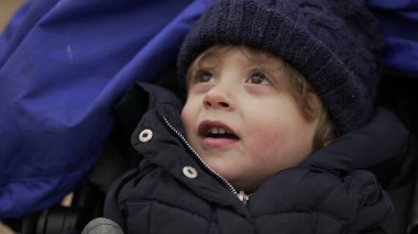 Bebek arabasında oturan, kışlık giysili şirin bir bebek.