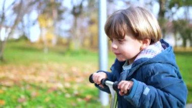 Aktif 3 yaşındaki çocuk sonbahar günü parkta oyuncak scooter kullanıyor. Mavi ceket giyen küçük bir çocuk sonbahar mevsiminde güneş ışığında eğleniyor.