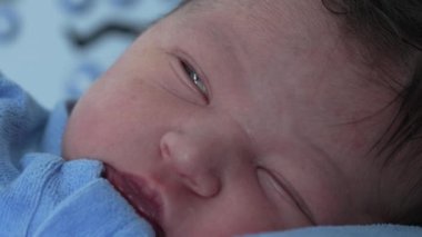 Yeni doğmuş bebek makro yakından uykuya dalıyor. Huzurlu bir uyku, bebeklerin ilk günlerindeki narin özellikleri ve sakinliği vurguluyor.
