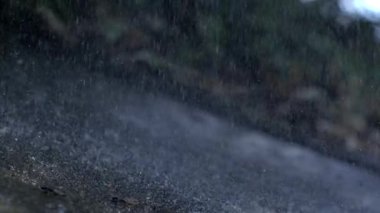 Su etkileşiminin karmaşık detaylarını ve dokularını vurgulayarak, yağmurun doğal güzelliğini ve dinamik hareketini vurgulayarak, yavaş çekimde 1000 fps hızla yere düşen yağmur damlaları.