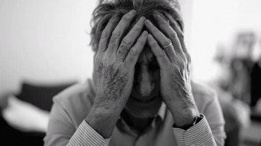 Elleri havada kıdemli bir adam, derin umutsuzluk ve stres ifade ediyor, siyah ve beyaz görüntü, detaylı yüz hatları ve duygusal karmaşa, yoğun endişe ve endişe belirtileri gösteriyor