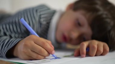 Genç bir çocuğun yere uzanmış, elinde mavi bir kalemle, çizime, yaratıcılığa, konsantrasyona ve sanatsal keşiflere olan bağlılığına derinden odaklandığı yakın plan.