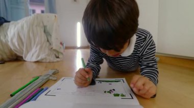 Yeşil bir kalemle çizim yaparken yerde yatan genç bir çocuk, bir kitap, çocukluk yaratıcılığı ve kapalı bir ortamda konsantrasyon detaylarını doldurmaya odaklanmış.