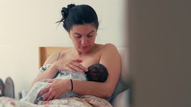 Anne yeni doğan bebeğini emziriyor, yatakta oturuyor, bebeğin kafasına nazik bir dokunuşla şefkatini ve şefkatini gösteriyor. Bu sahne anneliğin erken dönemlerindeki samimi ve besleyici bağları yansıtıyor.