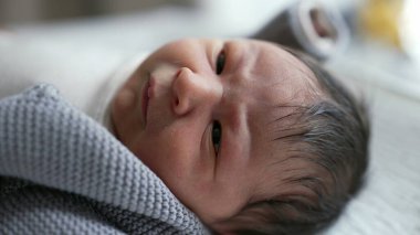 Yeni doğmuş bir bebeğin dinlenme ve geniş gözlerle bakma görüntüsü, erken yaşlardaki merak ve masumiyet anları, besleyici bir çevrede sıcaklık ve konforla çevrili.