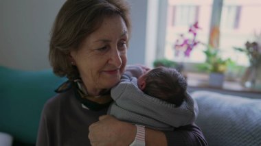 Anneanne yeni doğmuş bir bebeği omzunda tutuyor, huzurlu bir ifadeyle, bir sevgi ve bağ anını yakalıyor.