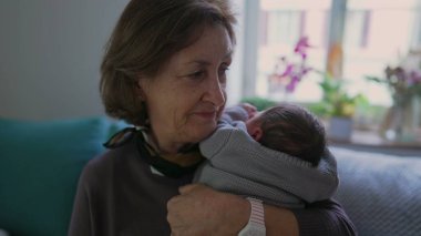 Anneanne yeni doğmuş bir bebeği omzunda tutuyor, huzurlu bir ifadeyle, bir sevgi ve bağ anını yakalıyor.