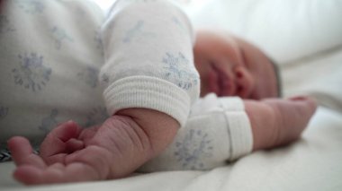 Yeni doğmuş bir bebeğin yakın planda uyuması eline odaklanır, çocukluk döneminin hassas ve hassas detaylarını huzurlu bir ortamda yakalar.