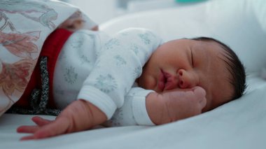 Yeni doğmuş bebek yatakta huzur içinde uyuyor, kısmen desenli bir battaniyeyle örtülü. Yavruların sakin ifadeleri ve rahat çevreleri bir huzur ve sükunet anı yakalar.