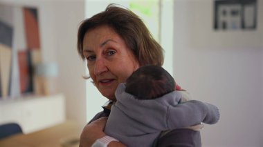 Büyükannem yeni doğmuş bir bebeği omzunda tutuyor, kameraya bakarken sıcak bir gülümseme gösteriyor, aile bağının hassas bir anını gösteriyor.