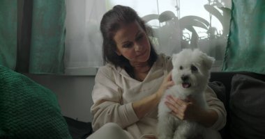 Kanepede oturan bir kadın kucağında küçük beyaz bir köpek, nazik bir ifadeyle aşağıya bakıyor, evde sakin bir bağ kurma anı, sakin bir evde yumuşak bir arkadaşlık.