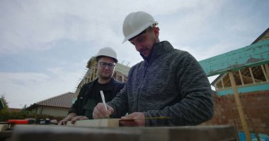 İnşaat alanındaki odunları ölçen müteahhitler, işbirliği çabası, hassas ölçümler, ev iskeleti, takım çalışması, konut projesi, başlıklar, görünür araçlar