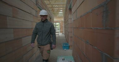 İnşaat işçisi miğfer takıyor, tamamlanmamış evin dar koridorlarında yürüyor, inşaat alanındaki tuğla duvarları ve tavan kirişlerini geçiyor.