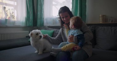 Anne koltukta tüylü beyaz bir köpeği rahatlatırken bebeğini kucağında tutuyor. Bebek emzik ve sıcak bir aile ortamında samimi bir aile anı yaşıyor.