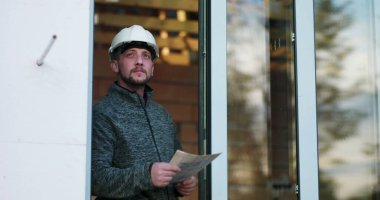 İnşaat işçisi elinde planlar, odaklanarak yukarı bakıyor, başlık takıyor, tamamlanmamış binanın kapısında duruyor, planlama ve mimari teftişi temsil ediyor.