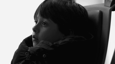 Otobüs koltuğunda oturan genç bir çocuğun yakın plan profili, siyah ve beyaz, derin düşüncelere dalmış, düşünceli bir ifade, kapalı alanda ulaşım, hareket halindeyken düşüncelere dalmış.