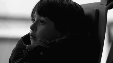 Otobüs koltuğunda oturan genç bir çocuğun yakın plan profili, siyah ve beyaz, derin düşüncelere dalmış, düşünceli bir ifade, kapalı alanda ulaşım, hareket halindeyken düşüncelere dalmış.