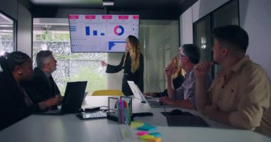 İş kadını, ofis sunumu sırasında meşgul takıma veri grafiğini açıklarken, bir grup profesyonel konferans masası izleme ekranında oturuyordu.