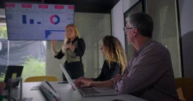 Modern ofiste geniş pencereli ve beton duvarlı takım toplantısı sırasında iş kadınlarına ekranda bilgi sunan iş kadını