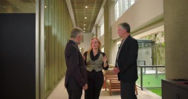 Modern ofis koridorunda konuşan bir grup iş arkadaşı, gayriresmi toplantı sırasında gevşek iş yeri sohbetine girişen profesyonel takım.