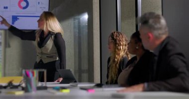 Kadın patron, gergin ofis toplantısında sunum sırasında telefona baktığı, otoriteyi iddia ettiği ve kurumsal ortamdaki saygısız davranışları ele aldığı için çalışanı azarlıyor.