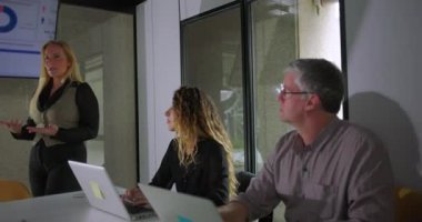 Sarışın iş kadını, meslektaşları gibi el hareketleriyle verileri açıklarken cam duvarlı ofiste ekranda çizelgelerle takım toplantısını dinliyor.