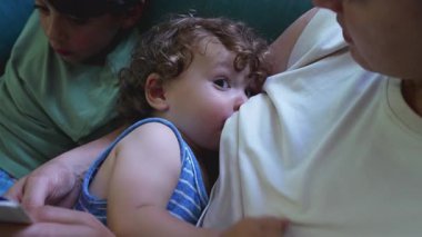 Bebek emzirirken annesine bakar. Kanepede emzirirken. Yakın kardeş, yakın aile yakınlaşması ve evde beslenme anı.