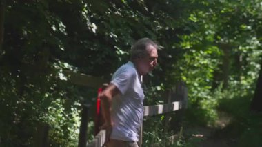 Yaşlı adam orman yolunda dinlenirken sineği sallıyor yaz yürüyüşü sırasında ağaçlar ve yeşilliklerle çevrili ahşap çitlere yaslanırken böcekleri eliyle eziyor.