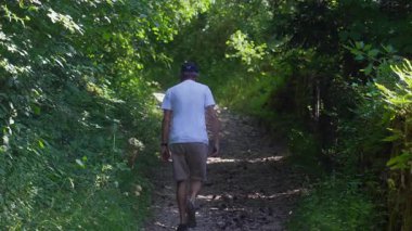 Yaşlı adam orman yolunda tek başına yürüyor, şort ve beyaz gömlekle yokuş yukarı yürüyor, yoğun yeşillik ve sessiz ormanlık atmosferle çevrili.