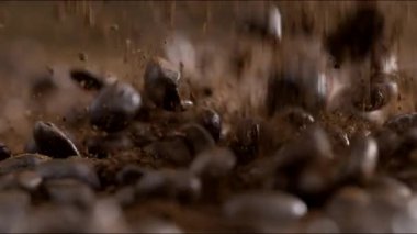 Kahve Fasulyesi ve Toz Süper Yavaş Çekimde 800 fps hızla düşüyor, Makro Yakın Çekimde yakalandı.