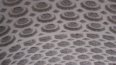 Klasik mimari tarzında üç boyutlu çiçek kolyesi ve geometrik sekizgen ve kare çerçeveli karmaşık katlı tarihi bina tavanı