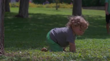 Kıvırcık saçlı çocuk kameraya doğru yürürken neşeli bir ifadeyle, parkta ağaçlar ve çiçeklerle çevrili tasasız anın tadını çıkarıyor.