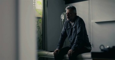 Sıkıntılı adam klinikte yalnız başına oturuyor, ağır duruşuyla öne eğiliyor, bastırılmış ışıklandırma yalnızlığı ve duygusal çöküntüyü vurguluyor.