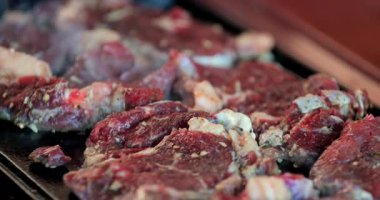 Pişirme, yağ ve kırmızı et dokusunu yüksek çözünürlüklü yakın çekim çerçevesinde göstermek için marine edilmiş ve ızgara üzerine serpiştirilmiş çeşitli çiğ et parçaları.