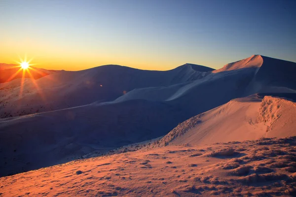 beautiful sunrise, where the sun illuminates the snow-capped mountain peaks and fir trees, the Carpathians, Alps, Switzerland, high in the mountains snow dunes