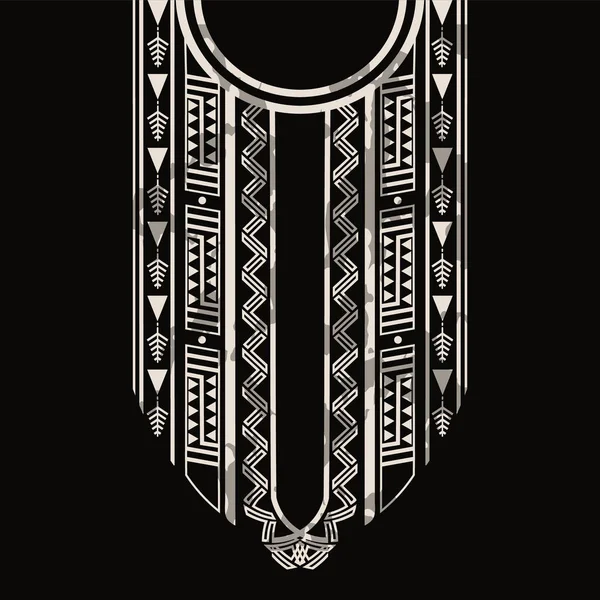 领口的部落图案设计是一个单色主题 这种设计是为一个Kaftan礼服的颈部 圆领衬衫 和民族风格的长袍 黑色背景上的白色图案 — 图库矢量图片