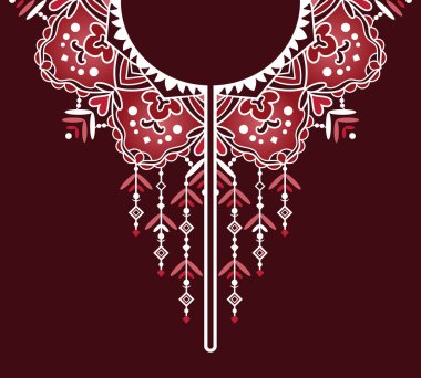 Yaka ve kaftan elbiseler için kırmızı tonda vektör simetrik mandala desenli tasarım. Koyu kırmızı arka planlı tekstil tekrarlanan tek renkli desen. Arap kaftanları için bir desen tasarımı.