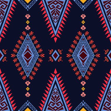 Geleneksel kabile tarzında geometrik soyut kumaş deseni. Eski kabile motifleri koyu mavi arka planda canlı renklerde. Tekstil, giysi, ambalaj ve halı desen tasarımı.