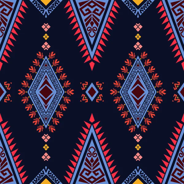 伝統的な部族スタイルの幾何学的な抽象的なファブリックパターン 濃い青の背景に鮮やかな色の古代の部族のモチーフ カーペットのパターンデザイン — ストックベクタ
