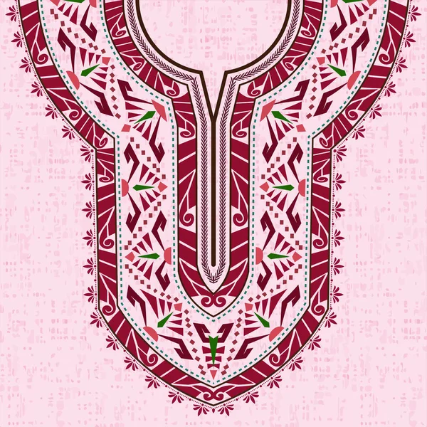ヴィンテージスタイルのダシキシャツ用シンメトリック装飾ネックラインパターンデザイン アフリカの服のファッションデザイン カラフルなタイのアートとフラワーモチーフの織物の表面パターン — ストックベクタ