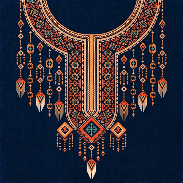 以纳瓦霍印第安人风格设计的充满活力的对称抽象几何领口图案 本设计用于装饰卡夫坦连衣裙 圆领衬衫 非洲服装和长袍的颈部 — 图库矢量图片